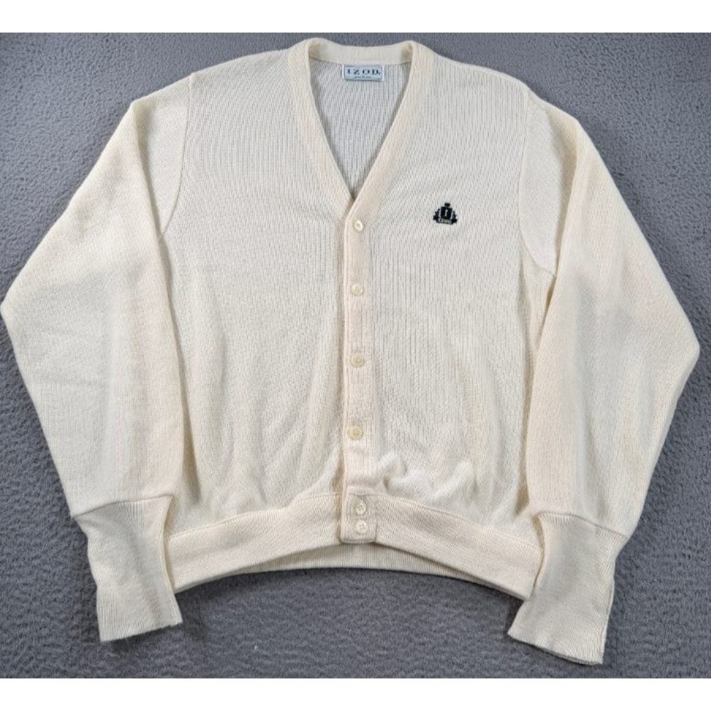 Vintage Izod Cardigan Sweater Men Large Cream Button Grandpa Golf Crest USA Made